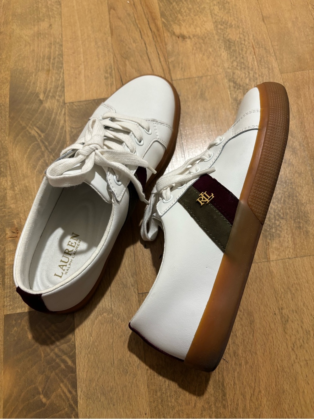 Lauren Ralph Lauren White Sneakers with Burgundy and Olive Stripes